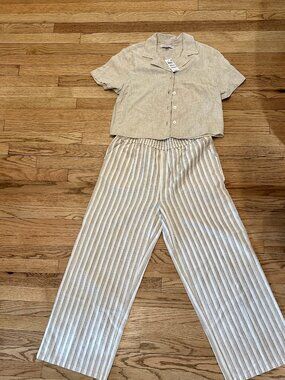 And Now This Linen Blend Crop Shirt & Striped Pull On Pants Set M NWT